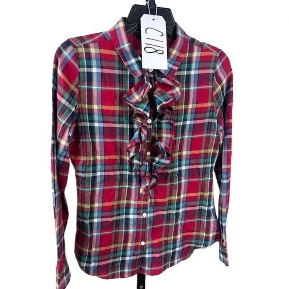 Ralph Lauren Girl's Plaid Blouse Size 16 Multicolor Ruffle Front Long Sleeve‎
